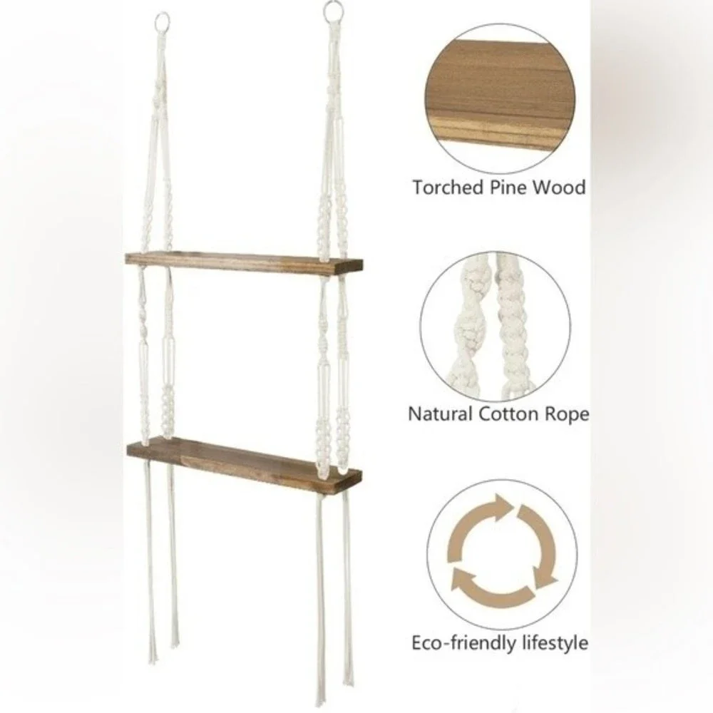 Boho Hanging Wall Shelf 2 Tier Macrame Floating Shelves